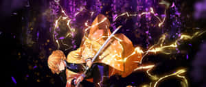動漫戰士在紫色花瓣和電光火花中揮舞發光劍刃。 — 鬼滅之刃 壁紙