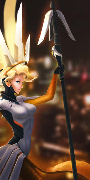 身穿未來盔甲的動漫角色手持發光的三叉戟。 — Pixel 3 壁紙