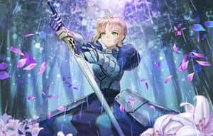 藍色盔甲的動漫戰士在魔法雨中手持劍，伴隨著紫色花瓣。 — 桌面 壁紙