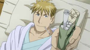 金髮動漫男子在醫院床上吸煙，同時手持一包煙草。 — 明亮 壁紙