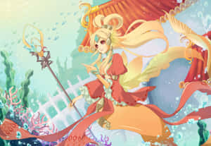 長髮紅裙的動漫美人魚在珊瑚附近水下持杖。 — 娜美 航海王 壁紙