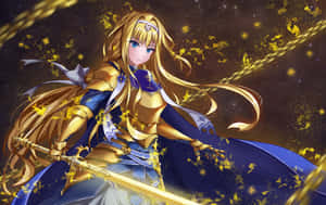 金髮藍甲動漫騎士在夜間落葉下手持發光劍。 — 1280x800 壁紙