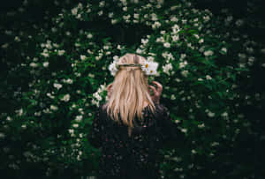 一位戴著雛菊花環的女子站在白花園中。 — 皇冠 壁紙