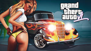 金髮女性穿著黃色比基尼，旁邊是火焰塗裝的經典汽車和GTA V標誌。 — 霓虹車 壁紙