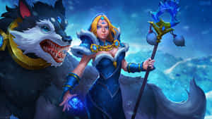 金髮法師與狼同伴在雪山場景中揮舞冰杖 — Dota 2 4K 壁紙