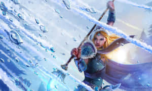 金髮戰士身穿冰霜鎧甲，在暴風雪中揮舞冰霜斧頭。 — 冰雪奇緣 艾莎 壁紙