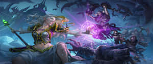 奇幻戰士在黑暗戰鬥場景中對惡魔敵人施展魔法。 — 高畫質遊戲 壁紙