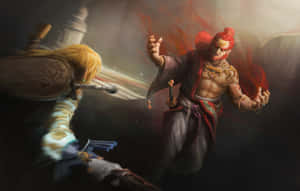 金髮戰士在黑暗奇幻戰鬥場景中與紅髮惡魔戰鬥。 — 1280x800 壁紙