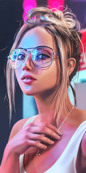 戴眼鏡的女性在數位肖像中反射霓虹燈光。 — 可愛卡通 壁紙