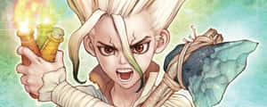 金髮動漫戰士手持燃燒的火把和石斧。 — Dr.STONE 新石紀 壁紙