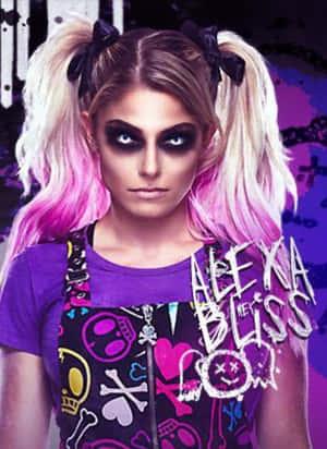一位粉紅金髮雙馬尾、濃妝的女子，身穿骷髏印花上衣。 — Alexa Bliss 壁紙