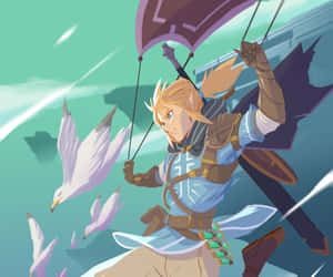 動漫精靈戰士在藍綠色天空中與海鷗一起跳傘 — 薩爾達傳說 � Breath of the Wild 壁紙