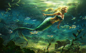 金髮美人魚在水下靠近沉船和寶箱游泳。 — 美人魚 壁紙