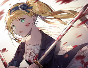 金髮綠眼的動漫少女在戰鬥中握著一把血淋淋的劍。 — 美麗的公主 壁紙