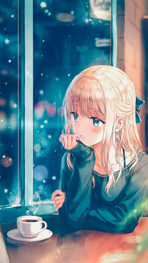 金髮動漫女孩在雪窗前喝咖啡，舒適咖啡館。 — 美麗的動畫 壁紙