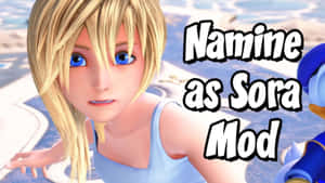 動漫角色 Namine 作為 Sora 模組站在陽光明媚的海灘上。 — 王國之心 壁紙