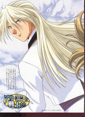 動畫角色，長金髮藍眼，身穿白襯衫，背景是陰雲密布的天空。 — Kindle 壁紙
