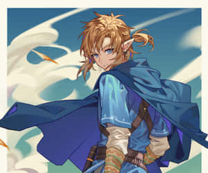 動漫精靈，藍眼，身穿飄逸藍色斗篷，站在風中。 — 薩爾達傳說 � Breath of the Wild 壁紙