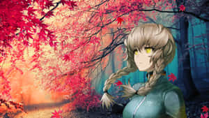 秋日森林夕陽下，辮子動漫女孩站在紅楓樹下。 — 彌沙·亞曼 壁紙