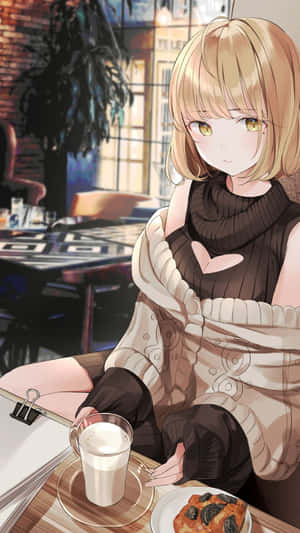 金髮動漫女孩在咖啡館享用咖啡和糕點。 — 可愛動漫女孩 壁紙