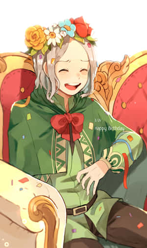 戴著花冠的動漫女孩在裝飾著生日五彩紙屑的華麗椅子上大笑。 — Tecno Megapad Pro 壁紙