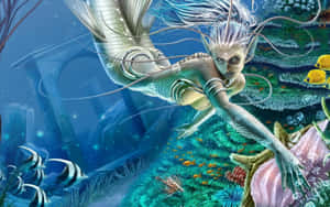 一位銀色頭髮的美人魚在發光的水下場景中游過珊瑚和熱帶魚。 — 美人魚 壁紙
