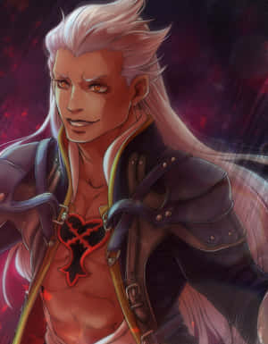 動漫男性戰士，銀髮和心形疤痕，在宇宙紅色背景下。