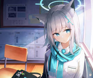 動漫女孩戴著貓耳和青綠色圍巾坐在學校窗邊 — 電玩遊戲 GIF 壁紙