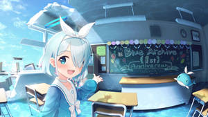 在水淹教室中與鯨魚吉祥物一起慶祝Blue Archive一週年的動漫女孩。 — 可愛動漫女孩 壁紙