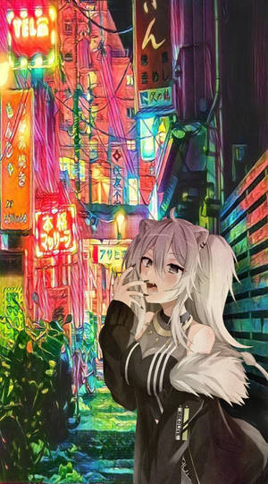 夜晚霓虹燈閃爍的東京小巷中的動漫女孩 — 可愛動漫女孩 壁紙