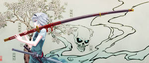 銀發動漫女孩在櫻花下手持武士刀，旁邊有一個幽靈般的骷髏。 — 黑川伊佐那 壁紙