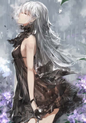 銀髮動漫女孩在雨中，周圍有紫色花朵。 — 哥德美學 壁紙