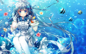 穿著白色連衣裙的動漫女孩在水下與魚和花一起喝茶。 — 海洋 壁紙
