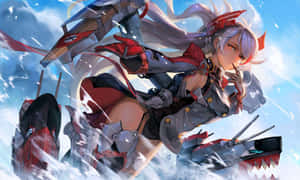 動漫女孩穿著紅灰色盔甲，騎著戰艦穿越暴風雨的天空。 — 碧藍航線 壁紙