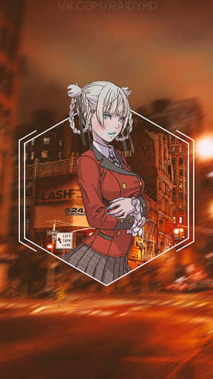 動漫女孩穿著紅色校服站在城市夜景中，帶有動態模糊效果。 — 狂賭之淵 壁紙