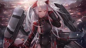 銀髮紅眼的動漫女孩穿著戰艦主題服裝，手持大型大炮。 — 碧藍航線 壁紙
