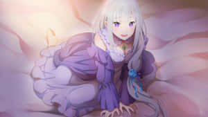 銀髮動漫女孩穿著紫色連衣裙坐在粉紅雲朵上。 — 美麗的動畫 壁紙