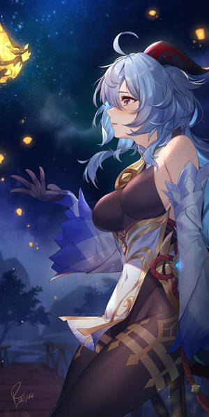 銀髮藍甲動漫女孩，星空下漂浮燈籠。 — 宇宙美學 壁紙
