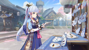 動漫少女在櫻花樹下的街頭攤位繪製裝飾面具。 — 電玩遊戲 GIF 壁紙