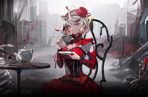 穿著紅色哥德式連衣裙的動漫少女在霧氣瀰漫的城市咖啡館裡喝茶。 — 動漫 壁紙