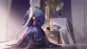 穿著紫色和服的動漫少女，在柔和光線的傳統日式房間中。 — 電玩遊戲 GIF 壁紙