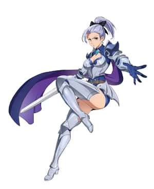 動漫女戰士，身穿銀色盔甲和紫色披風，揮舞著劍。 — Pixel Fold 壁紙