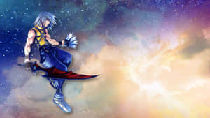銀發動漫戰士在星空空間中跳躍，手持發光的劍。 — 王國之心 壁紙
