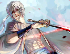 銀發動漫戰士在藍天下握著發光的紅色劍。 — 神之塔 壁紙