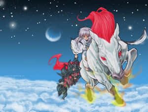 動漫戰士騎著紅色鬃毛的白馬穿過雲層之上的星空。 — 犬夜叉 壁紙