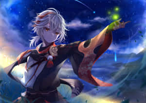 動漫角色在星空下施展綠色魔法 — 原神 壁紙