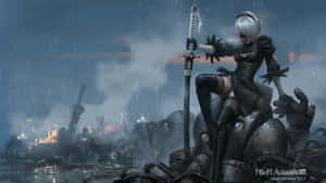 銀髮戰士身穿黑色盔甲，在雨中機械廢墟上手持劍。 — 2B GIF 壁紙