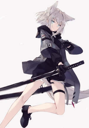 長著狐狸耳朵的動漫女孩，以戰鬥姿勢握著武士刀。 — 可愛動漫女孩 壁紙