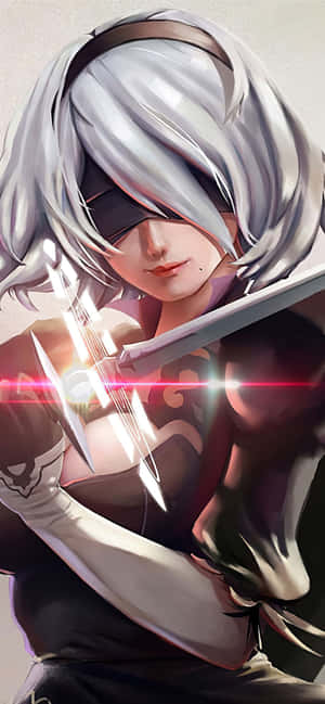 銀髮戴眼罩的動漫女孩揮舞著發光的劍。 — Pixel 7a 壁紙