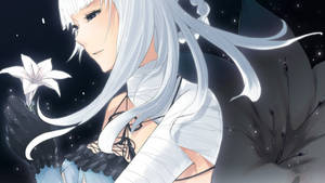 銀發動漫女孩在繁星夜空下手持白色百合花。 — 尼爾：人工生命 壁紙